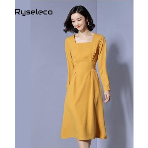 Women Spring Office Lady High Fashion Casual Holiday Party Clothing Pleated Knee Length Office Dress