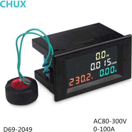 LCD Digital AC Power Voltmeter Ammeter Multi-Functional Color Screen Voltage Current Power D69-2049 AC 80-300V 100A