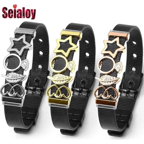 Black Stainless Steel Mesh Watch Bracelets For Women Men Golden Double Heart Leaf Stars Crown O Charm Watch Belt Bracelet Bangle