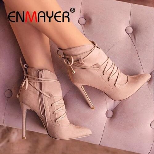 ENMAYER High Heels Pointed Toe Cross-Tied Boots Woman Shoes Autumn INS Fashion Botas Mujer Thin Heels Lace Up Women Boots