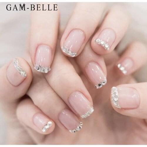 GAM-BELLE Fake Nails with Designs Nude French Rhinestones Tips Full Cover Detachable False Nails Art Decoration DIY Manicure