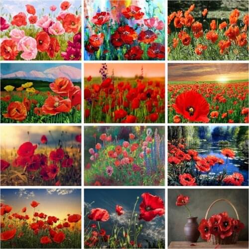 Huacan Diamond Art Painting Poppy Flower Mosaic Floral Scenery Embroidery Red Flower Cross Stitch Home Decor Wall Stickers