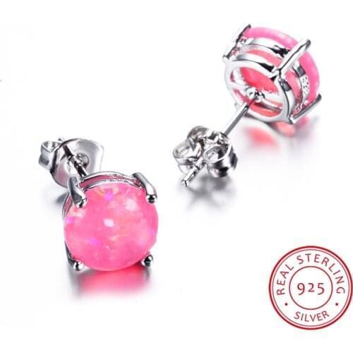 Cute Pink White Blue Purple Fire Opal Earrings Boho Female Small Round Stud Earrings 925 Sterling Silver Earrings For Women Gift