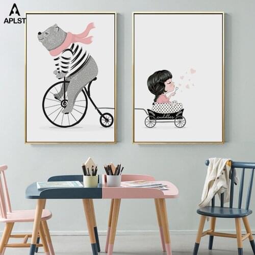 Cartoon Bear Riding Bike Canvas Prints Love Carriage Girl Painting Kids Nursery Poster Modern Wall Art Picture Home Decoration