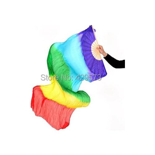 New Arrival nice mixed Rainbow colors 100% real silk long Fan Veils for Belly Dancing or Stage Show
