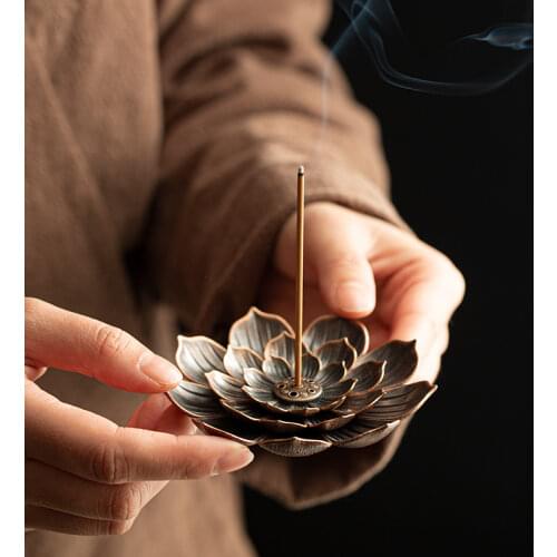 2 in1 Creative Incense Stick Holder Alloy Lotus Line Incense Burner Metal Crafts Sandalwood Coil Base Red bronze Home Decoration