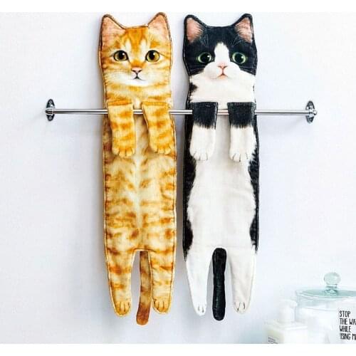 Cat Hand Towels Long Cat Shape Wipe Handkerchiefs Bath Towels for Bathroom Kitchen