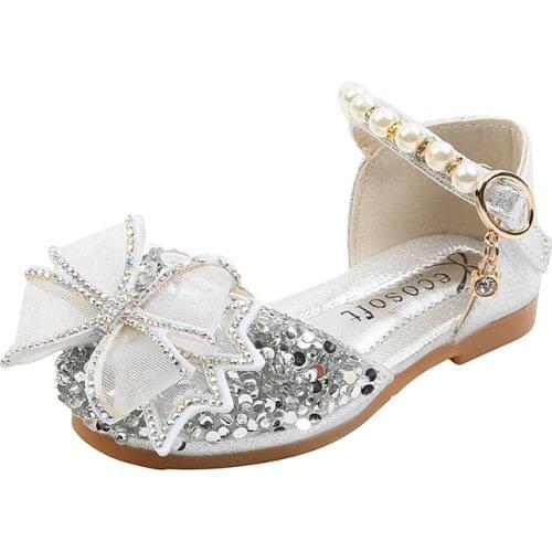 2021 Girls Sandals Rhinestone Pearl Butterfly Dance Kids Princess Shoes Glitter Leather Party Dress Wedding Children Flats E615