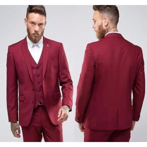 Stylish Design Back Vent Two Buttons Wine Groom Tuxedos Groomsmen Notch Lapel Mens Suits Blazers (Jacket+Pants+Vest+Tie) W:1153