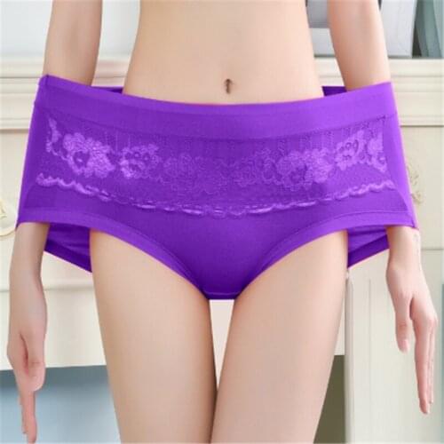 Comfortable and breathable womens briefs 95% bamboo fiber solid color plus size lace ladies underwear 4PCS