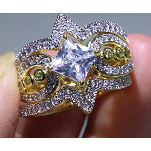 Unique Vintage Jewelry 925 Sterling Silver Separate Color Gold Fill Princess Cut 5A CZ Square 3 IN 1 Women Wedding Band Ring Set