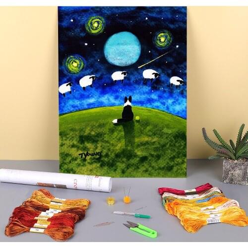 Animal Border Collie Printed Water-Soluble Canvas 11CT Cross Stitch Set DIY Embroidery DMC Threads Handmade Sewing Gift