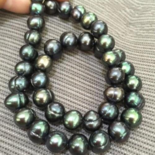 Baroque 10-11 MM AAA SOUTH SEA Black green PEARL NECKLACE 925silver GOLD CLASP