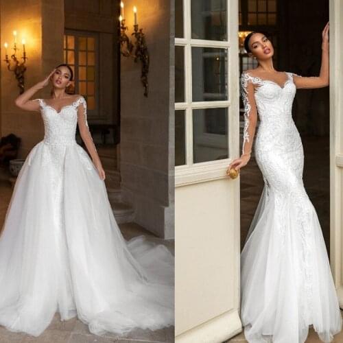 2021 Plus Size Mermaid Wedding Dresses with Detachable Train Sheer Neck Appliqued Lace Bridal Gowns robes de mariée