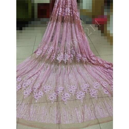African glued glitter lace fabric BZL-91106 good looking french tulle lace fabric with pearls For bridal dress in pink color