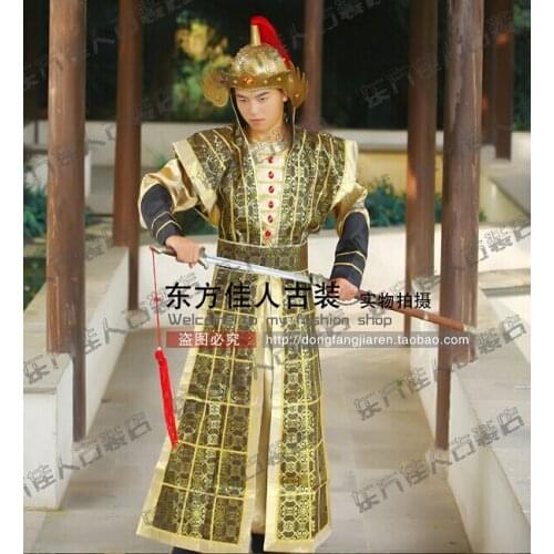 Tang Dynasty Soldier with Armour Costume for Stage Performance Gold Color