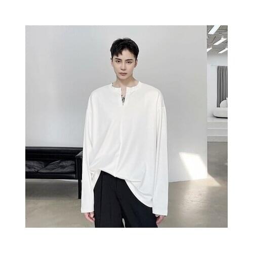 Large Size Spring Personality Small v Collar loose shoulder long-sleeve t-shirt fashion mens Korean version of simple temperame