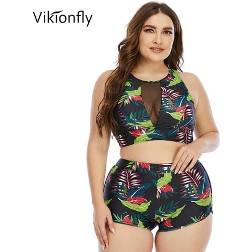 Vikionfly Leaves Printed Plus Size Swimwear Women 2021 Mesh Swimsuit High Waist Bikini Set With Swimming Shorts Bathing Suit 4XL