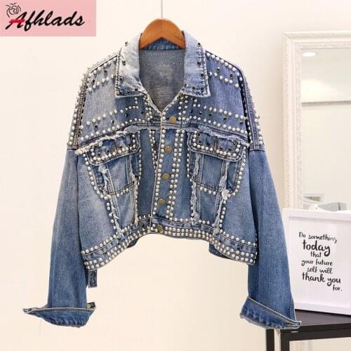 Autumn Korean New Casual Turn-down Collar Beading Rivet Denim Jacket Female Loose Long Sleeve Women Short Coat Outerwear