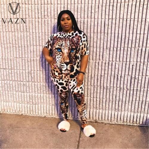 VAZN Summer 2021 European and American Fat MM Womens Casual Cheetah Print Round Collar T-Shirt Pantsuit