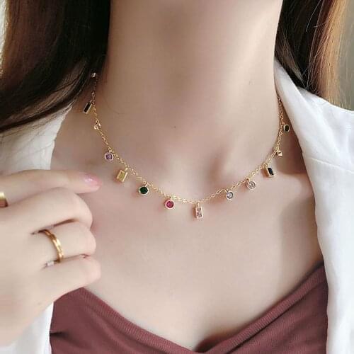 Rainbow crystal necklace for women girls multicolor rectangle round stone charm drop collar clavicle necklace summer hoho