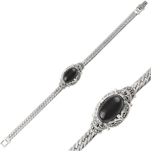 Silver 925 Sterling Marcasite & Natural Stone Bracelet