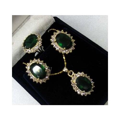 Green Zircon Crystal Earrings & Ring & Necklace Pendant Set> plated watch wholesale Quartz stone CZ crystal