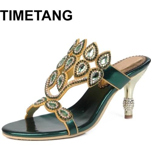 TIMETANGNew Designer Rhinestone Roman Sandals Women High Heel Slippers Sparkling Wedding Party Sandal Green Silver Gold Color