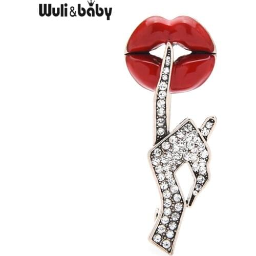 Wuli&baby Rhinestone Hand Enamel Lip Brooches Women Sexy Secret Pose Party Office Casual Brooch Pins Gifts