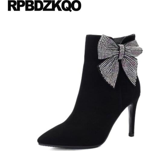 Big Size Women Boots Winter 2021 Kawaii Bow 10 High Heel Pointed Toe Polka Dot Crossdresser Shoes Ankle Black Cute Stiletto