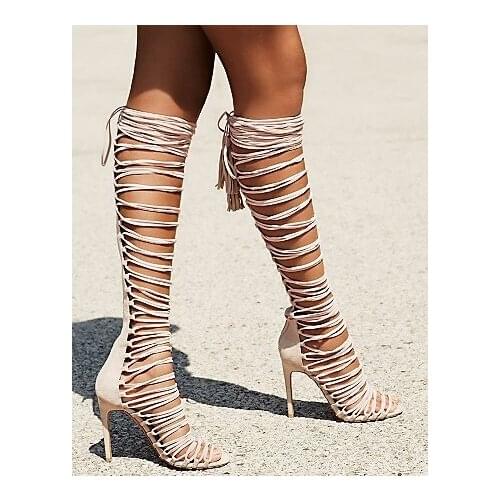 Back zipper zapatos mujer gladiator women sandals boots Tassel crossed-tied high heels shoes woman Summer knee high sandal boots