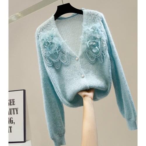 Fashion Cardigan Women Beaded Chain Sweet Three-dimensional Flower Decoration V-neck Single-Breasted Elegant Soft Hollow Sweater