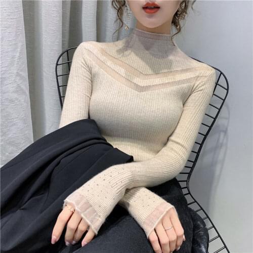Autumn and Winter Clothing New Fashion Knitwear Female Lace Hollow out Bottoming Slim-Fit Jumper Tops