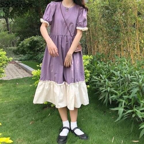 O-neck Short Sleeve Dress Women Patchwork Panelled Preppy Sweet Ruffles Loose Waist A-line Korean Fashion Tender Mori Girls Chic
