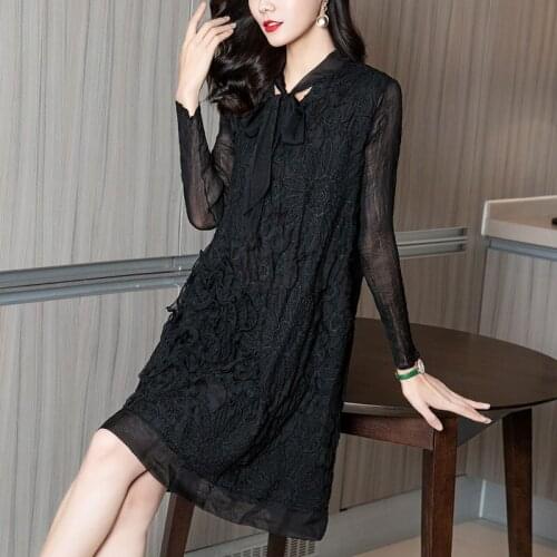 Red Dress for Women Emboridery 3D Floral Knee-length Vintage Dresses Bow Ribbon Straight Female Office Lady Long Sleeve Dress