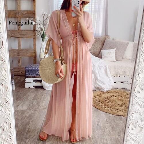 2020 Summer Solid Lace Beach Cover Up Long Cardigan Lace Up Swimwear Beach Dress Beach Wear Swimsuit