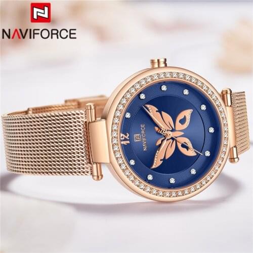 NAVIFORCE Top Luxury Brand Women Watch Rhinestone Quartz Lady Waterproof Wristwatch Rose Gold Stainless Steel Female Clock 5018