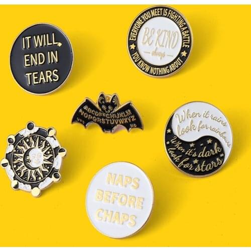 Black And White Punk Text Sun Bat Enamel Pins And Brooches Clothes Jackets Bag Lapel Pin Badge Jewelry Friends Gift Wholesale