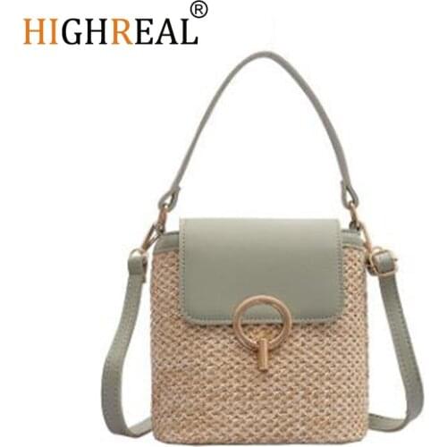 HIGHREAL Summer Crossbody Bags Lady Travel Purses and Handbags Female Shoulder Messenger Bag Small Straw Bucket Bags For Women