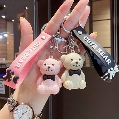 Creative PVC Bow Tie Bear Keychain Pink Beige Brown Pendant Cute Bag Car Keyring Jewelry Lanyard Men Women Couple Gift