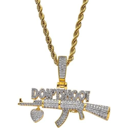 Bling Cubic Zircon Machine Gun Pendant With Heart Charm Necklace MenS Fashion Letter DON'T SHOOT Hip Hop Jewelry Gift