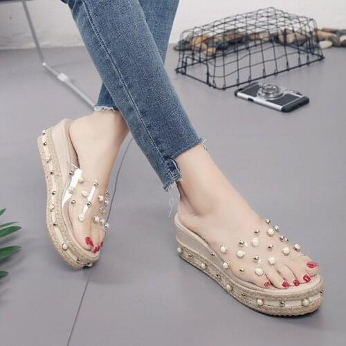 Summer New Thick-bottomed Slippers Korean Version of The Pearl Word Drag Sandals Transparent Outside Wearing Cool Slippers Women
