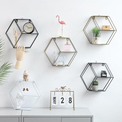Metal Hexagonal Wall-Mounted Hanging Decor Shelf Flowers Books Crafts Storage Rack Home Living Room Bedroom Shelves Decoration