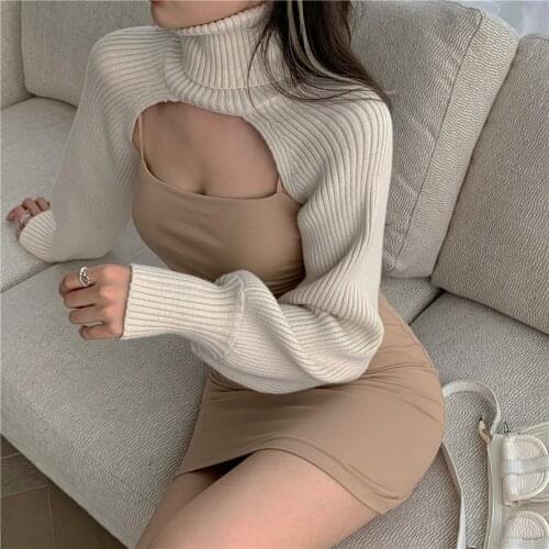 Fashion Turtleneck Sweater Knit Tops Women Long Sleeve Knitted Crop Tops Femme Knitwear Streetwear