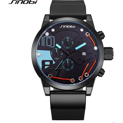 SINOBI Men Luxury Brand Watches Mens Quartz Multifunction Chronograph 3ATM Waterproof Clock Silicone Strap Date Watches
