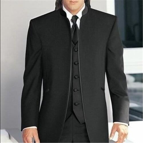 2019 New Black Stand Collar Men Wedding Suits 3 Pieces(Jacket+Pants+Vest+Tie) Custom Made Groom Tuxedos Best Man Wedding Grooms