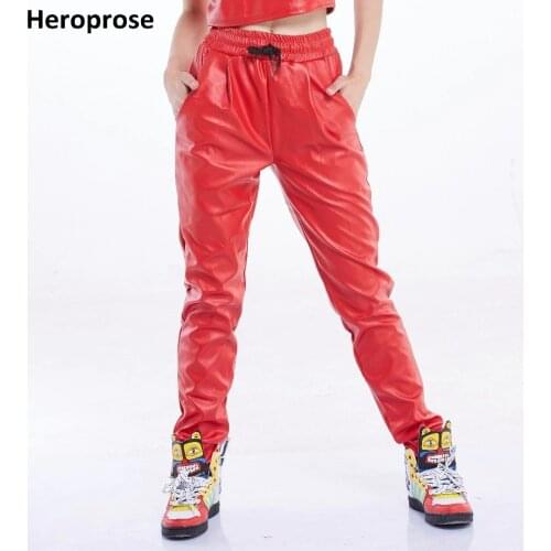 Heroprose 2018 New Fashion Red Faux Leather Joggers Loose Jogger Hip Hop Street Wear Skinny Harem Pants Women