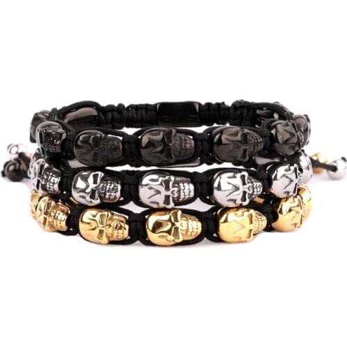 New Fashion High Quality Luxury Men Bracelet Stainless Steel Skull Woven Cord Macrame Bracelet Men Jewelry Gift