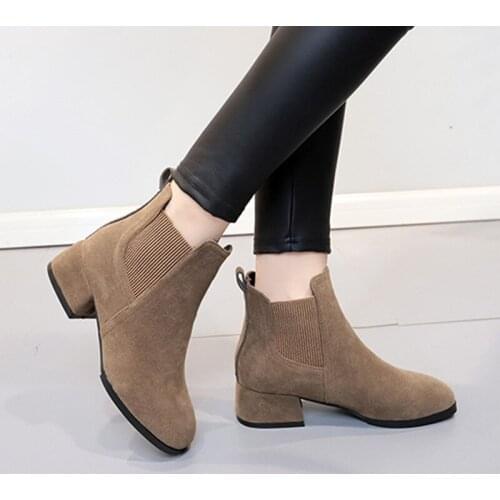 Autumn Winter Flocks Women Ankle Boots Slip-on Womens Chelsea Boots Round Toe 3.5cm Square Heel Solid Woman Casual Booties