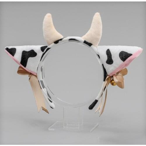 Cartoon Plush Cow Ears Horn Headband with Small Bells Ribbon Bow Anime Lolita Hair Hoop Kawaii Animal Party Cosplay Costume